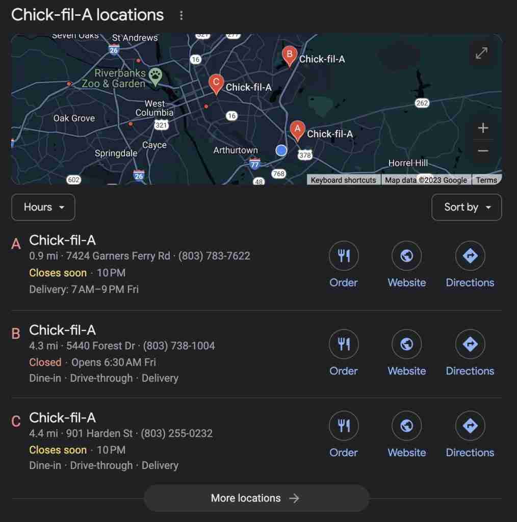 Google Local Map Pack example for Chick-Fil-A restaurants in Columbia, SC